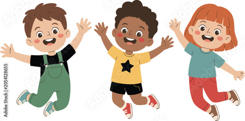 Foto Happy children jumping together illustration, cute diverse kids playing and cele