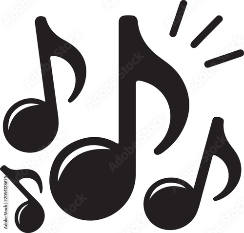 Schilderij op canvas Four black musical notes with shiny effect and rays on white background