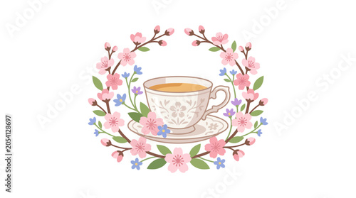 Delicate Tea Cup Surrounded by Spring Blossom Wreath