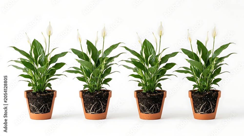 Fototapeta premium Four Isolated Peace Lily Plants in Clay Pots with Visible Roots on White Background