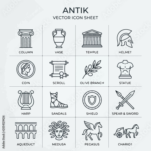 Ancient Greek and Roman Minimalist Vector Line Icon Set