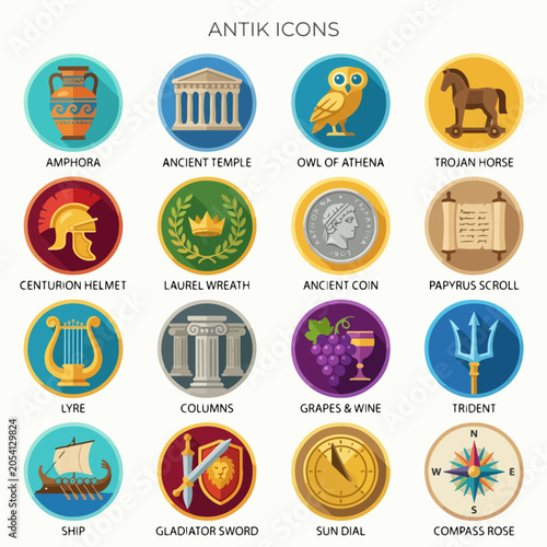 Set of Flat Design Icons Representing Ancient Greek and Roman History