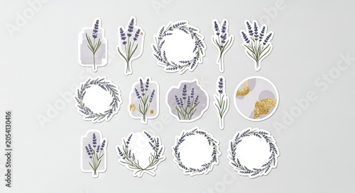 Elegant lavender wreath stickers for wedding and product design.