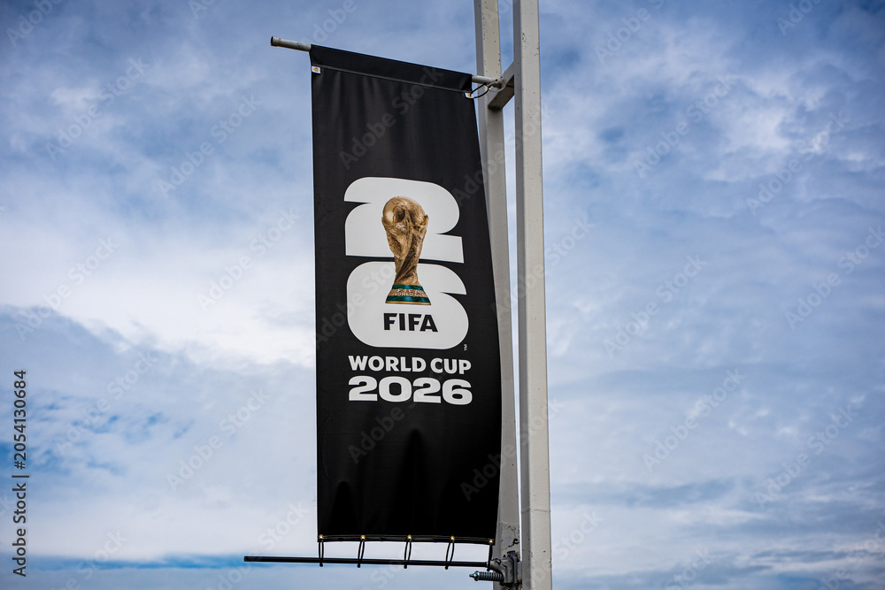 Naklejka premium FIFA World Cup 2026 banner mounted on street light pole. Toronto, Canada - June 9, 2026.