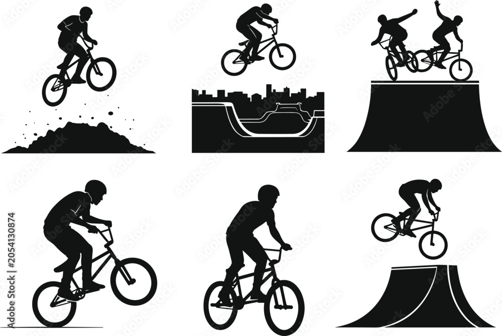 Naklejka premium Dynamic BMX Silhouette Set Featuring Freestyle Tricks, Jumps, and Ramp Stunts for Sports Design
