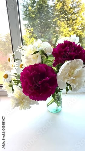 Vibrant bouquet of pink peonies and white daisies arranged in a clear glass vase on a wooden stool. The floral arrangement creates a fresh and lively atmosphere indoors.
