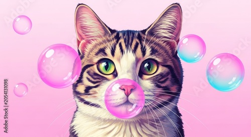 Funny cat blowing pink bubble gum with bubbles.