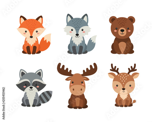 Canvastavla Cute cartoon fox wolf bear raccoon moose deer woodland forest animals illustration isolated on white background playful wildlife characters