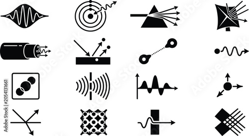 Foto Physics and Quantum Optics Icon Set featuring Wave Particle Duality Prism Reflec