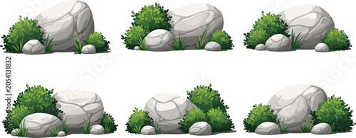 Foto Vector Rock and Bush Set Featuring Large Grey Stones, Green Garden Shrubs, Grass