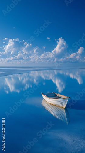 Tranquil Horizon: A solitary rowboat rests on a glassy, mirror-like body of water under a vast, clear blue sky dotted with fluffy white clouds, creating a serene and dreamlike atmosphere.