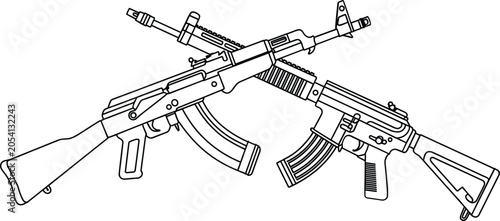 Bild auf Leinwand Crossed assault rifles line art illustration, detailed military firearm sketch i