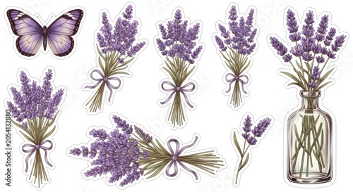 Lavender floral stickers and purple butterflies clip art collection.