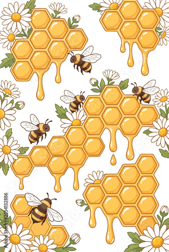 Bees Flying Around Dripping Honeycombs with Daisies