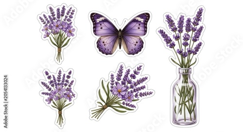 Lavender flower and butterfly sticker set on white background.