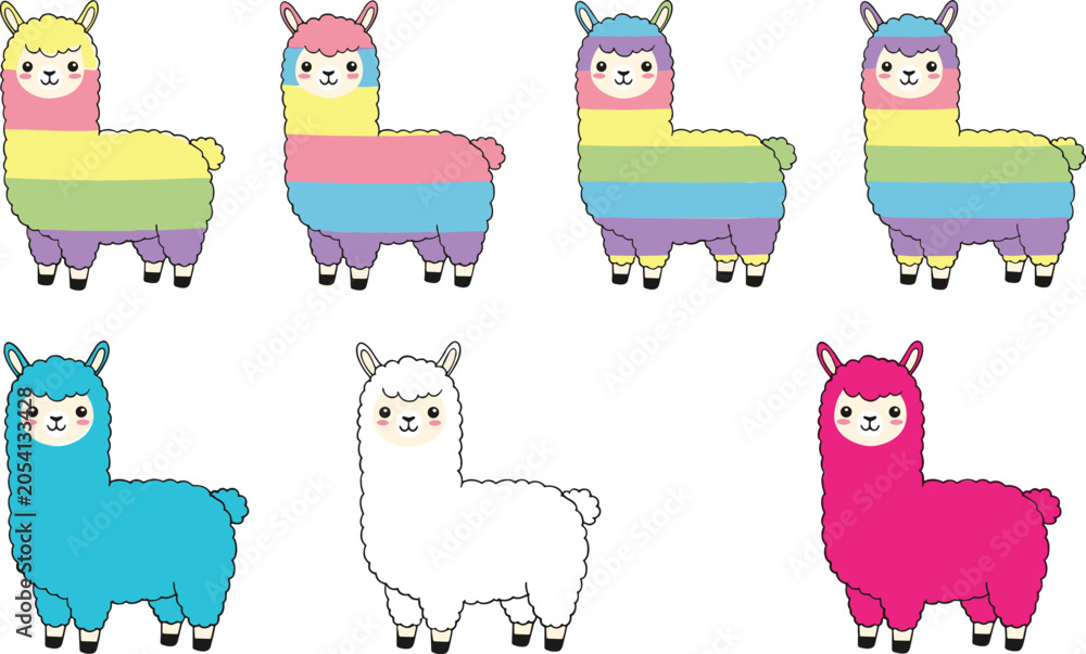 Naklejka premium Cute Kawaii Alpaca Vector Set Featuring Colorful Rainbow Pastel Llamas and Solid Color Character Clipart for Children Birthday Party and Nursery Greeting Card Designs
