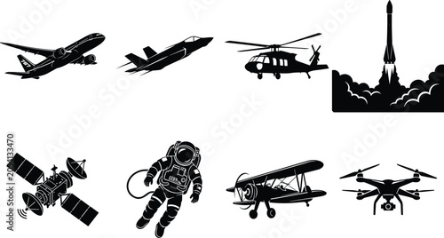 Aerospace and aviation vector icon set featuring commercial airplane fighter jet helicopter space rocket satellite astronaut biplane and drone silhouettes