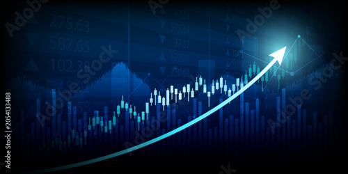 moving up arrow financial chart and stock market graph on blue color background