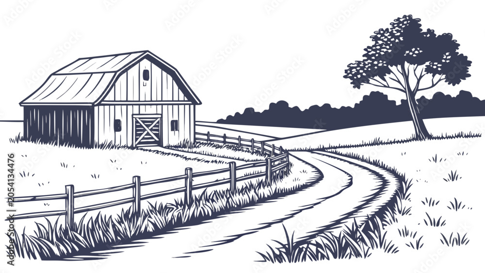Fototapeta premium Rustic farm landscape with barn and fence landscape countryside illustration