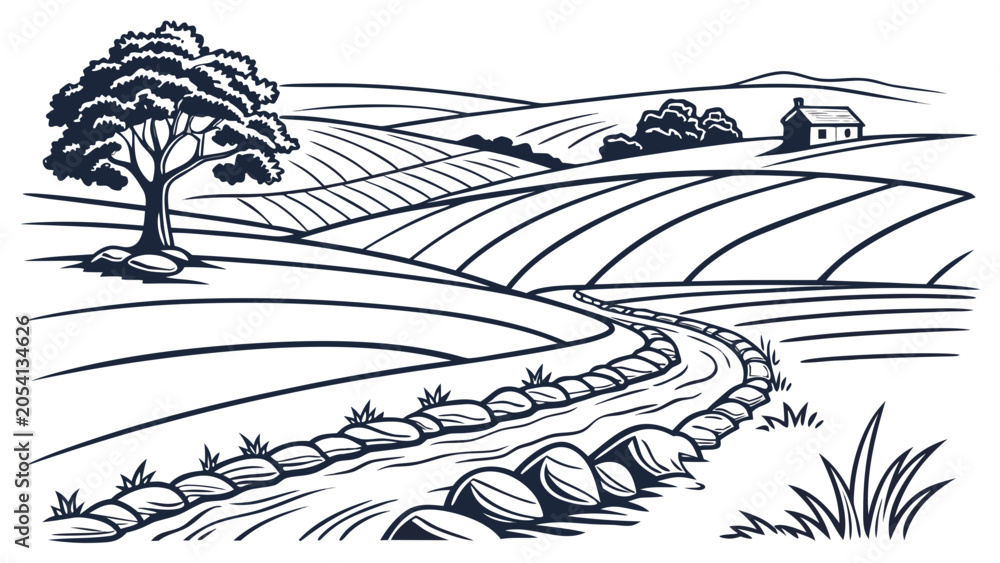 Fototapeta premium Black and white rural landscape with fields and river landscape countryside