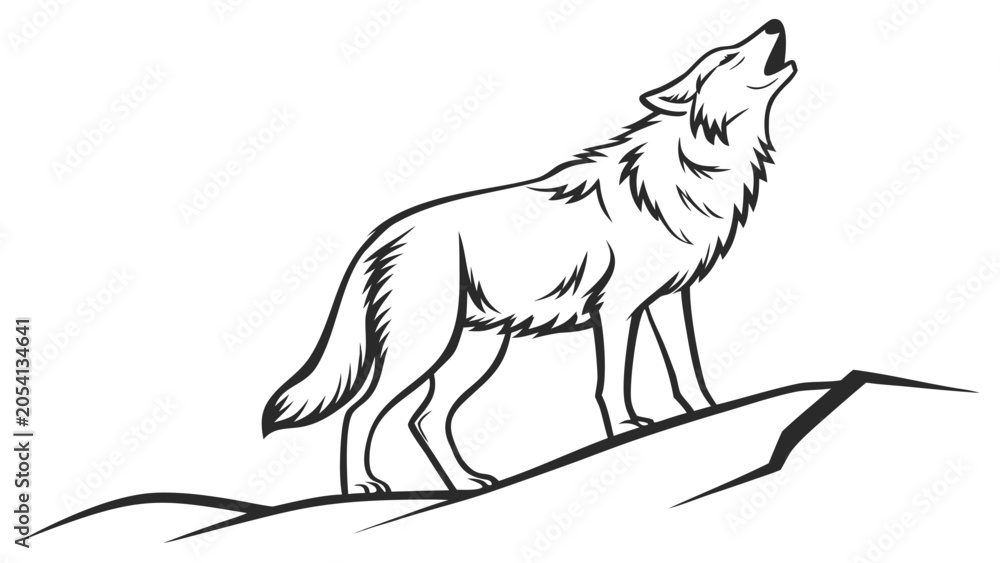Obraz premium Howling wolf silhouette illustration on mountain peak with mountain, predator