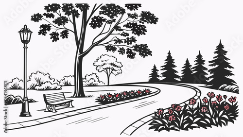 Serene public park pathway with street lamp and flowers landscape illustration