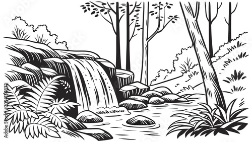 Forest waterfall scene with rocks and ferns drawing waterfall landscape