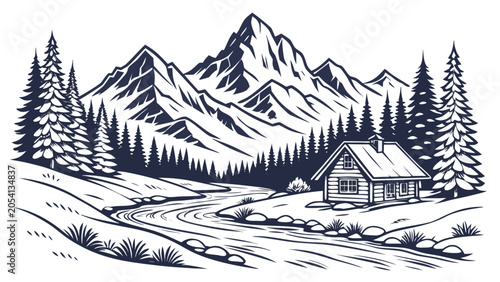 Rustic mountain log cabin by a winding river illustration with mountain