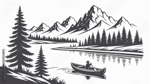 Person rowing a canoe on a calm lake by mountains with canoeing, mountain
