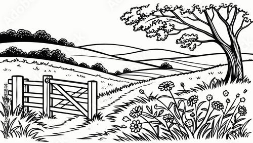 Countryside meadow landscape with wooden fence and flowers landscape grassland