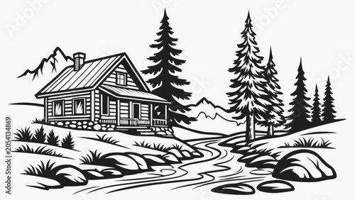 Rustic log cabin by a forest stream near snow capped mountains with mountain