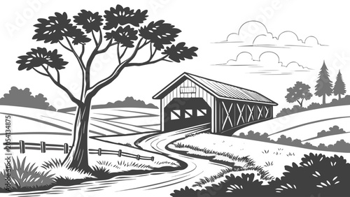 Rural covered wooden bridge on a country road through farm fields with landscape