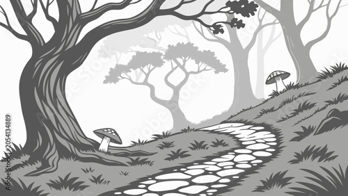 Misty forest path with large mushrooms and trees mushrooms woodland landscape