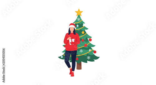Konstfotografi Woman in red sweater and santa hat holding gift in front of decorated christmas