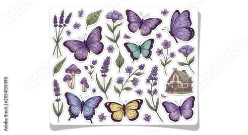 Purple butterfly and lavender sticker sheet with cottage