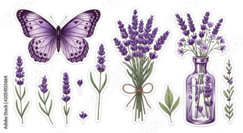 Purple lavender bouquets and butterfly illustrations sticker sheet.