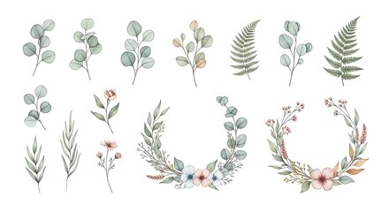 Watercolor eucalyptus leaves and floral wreath elements set.