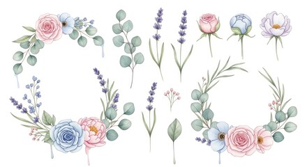 Watercolor floral bouquets and wreaths with eucalyptus leaves.