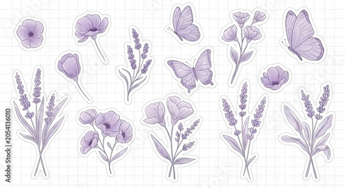 Purple watercolor flowers and butterflies stickers on grid paper.