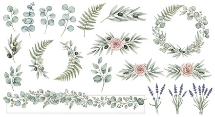 Watercolor greenery wreaths and lavender botanical elements design set.