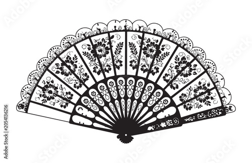 Black openwork hand fan with flowers isolated on transparent background. Vector illustration.