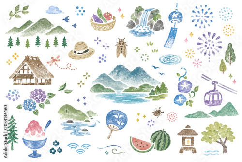 日本の田舎の避暑　スタンプ風イラストセット