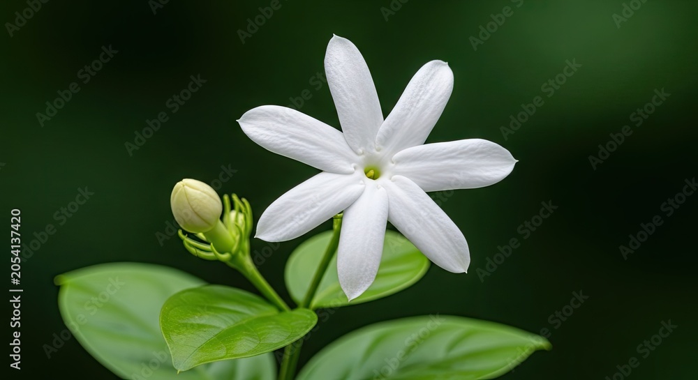 Fototapeta premium Blooming white jasmine flower with a small green bud.
