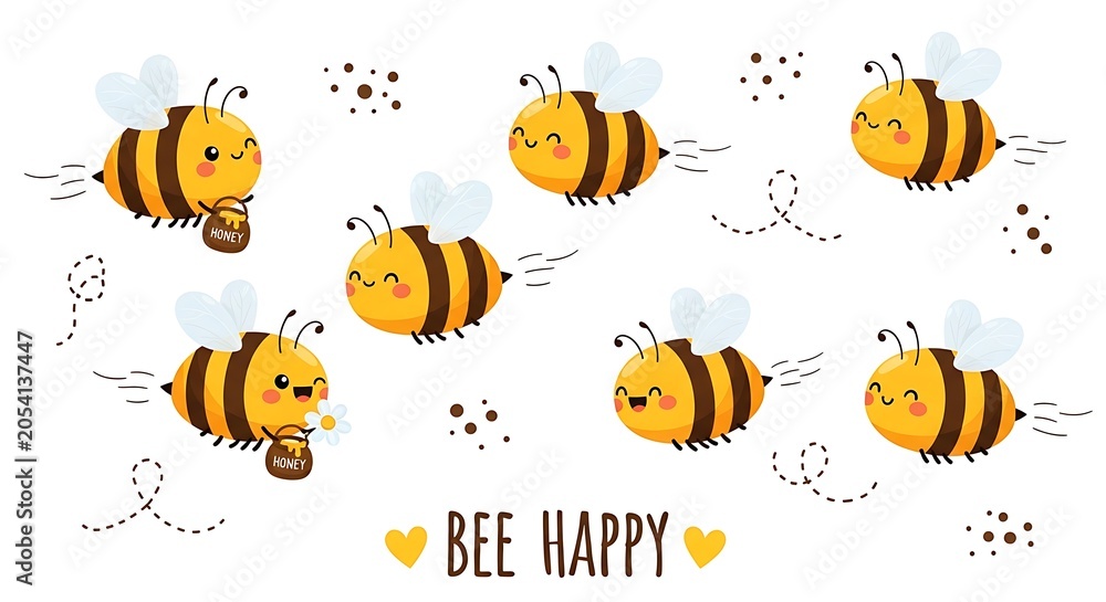 Fototapeta premium Cute Cartoon Bees Flying in Sky with Heart and Cloud Elements for Kids Illustration