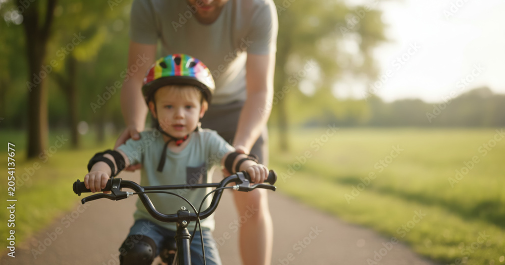 Fototapeta premium Father helps his young child learn to ride a bicycle on a park path in warm evening sunlight with a colorful helmet, protective pads, green trees and a joyful family atmosphere