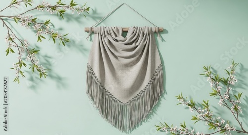 Boho macrame wall hanging with fringe and cherry blossoms.