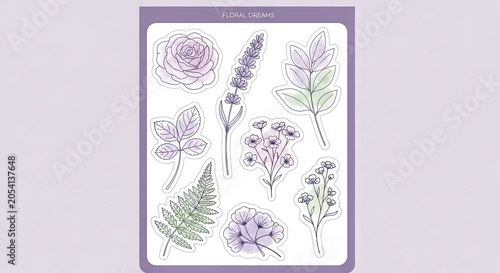 Botanical sticker sheet with purple lavender and roses