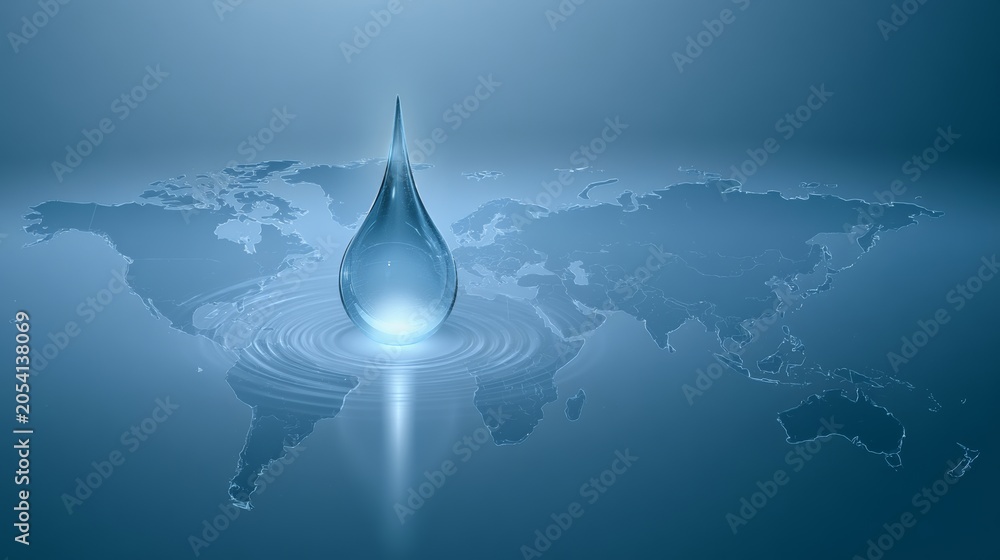 Fototapeta premium Water drop falls on map creating ripples in blue water representing global impact of water resources