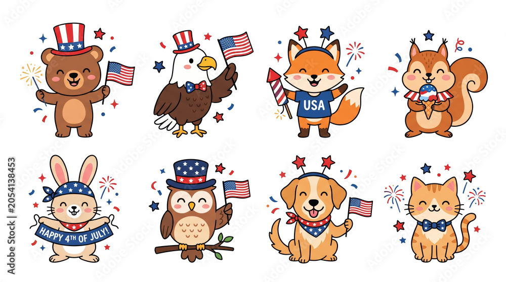 Obraz premium Set of cute animals celebrating independence day on transparent background. Cartoon bear, eagle, fox, squirrel, rabbit, owl, dog, and cat with american flag. Patriotic national holiday clipart.