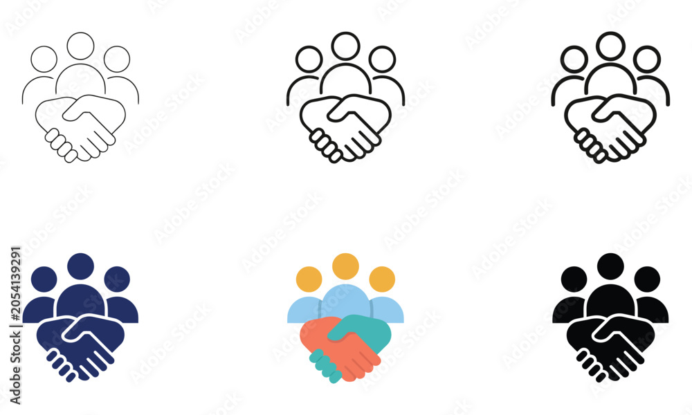 Fototapeta premium Multiple stylized icon variations representing group handshake for business partnership and teamwork